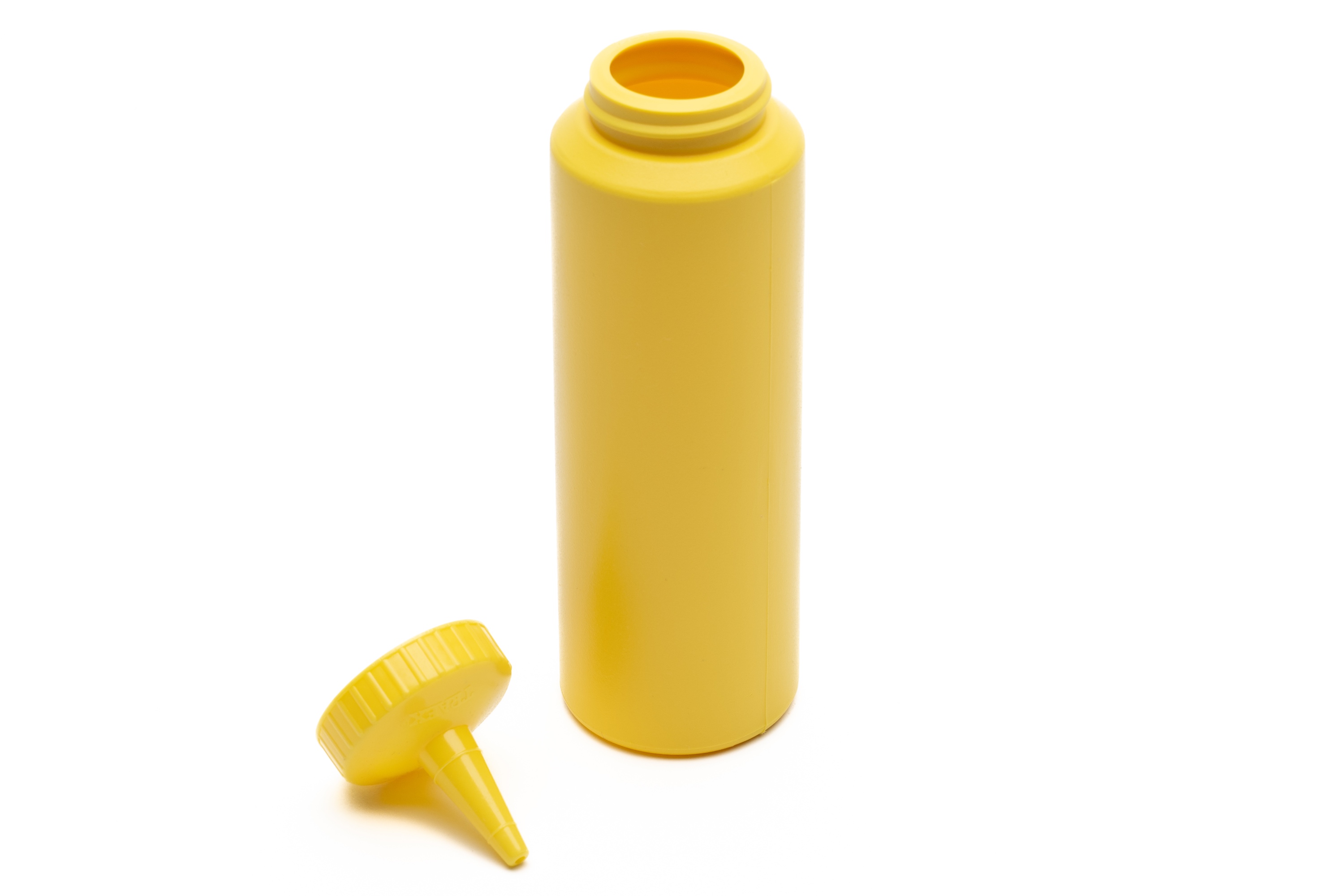 Dressingflaske med låg, lille åbning, gul plast, 240/350 ml