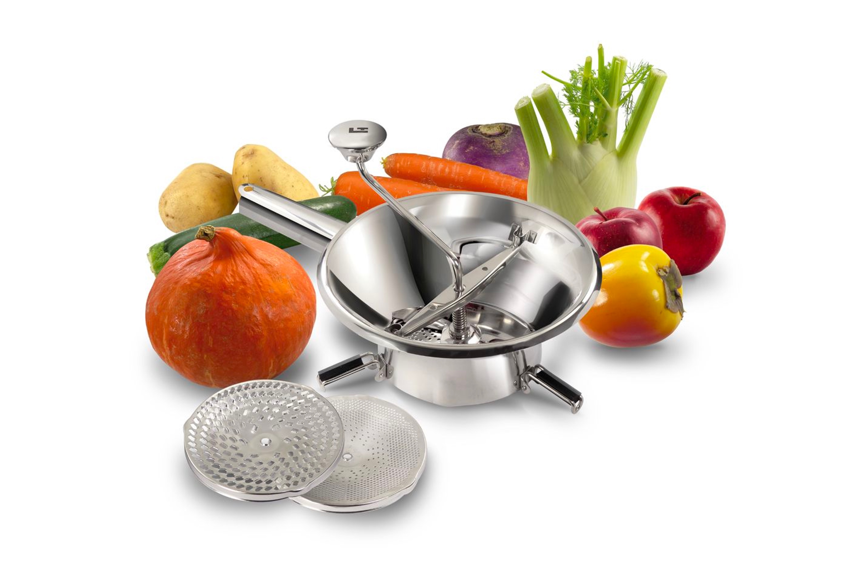 Purémølle med 3 riste, rustfrit stål