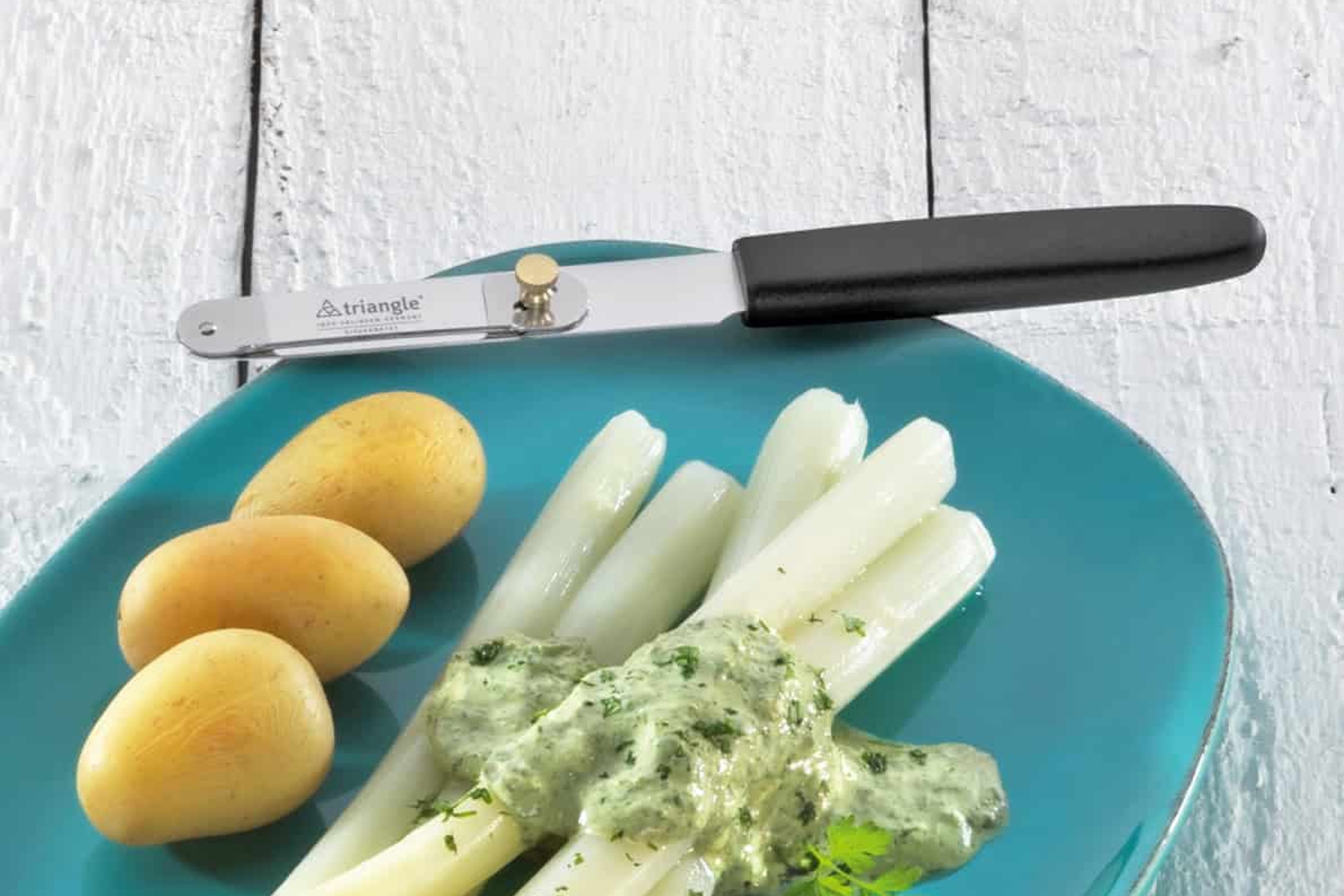 Aspargesskræller med indstilleligt skær, stål og plastskæfte