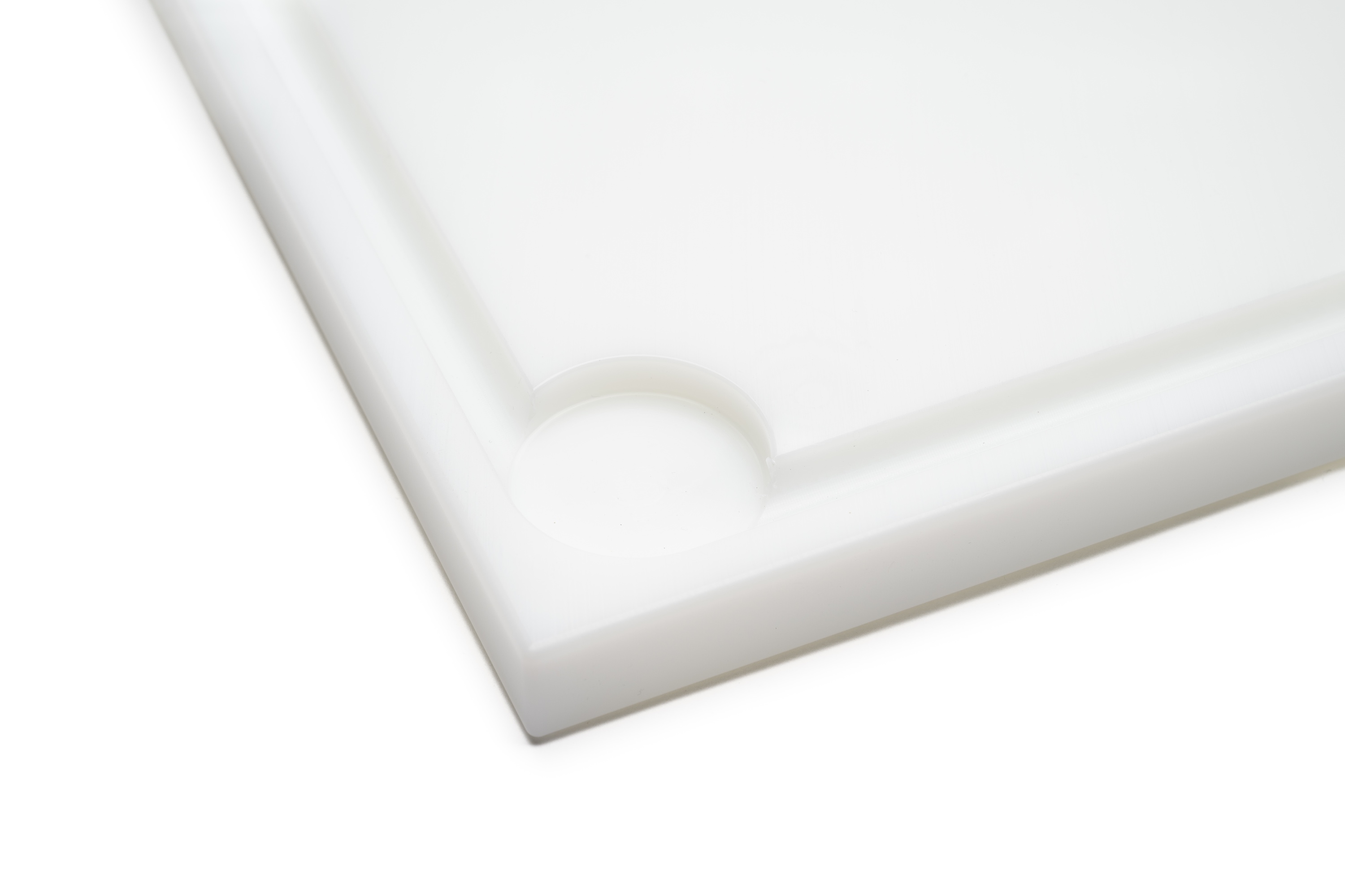 Skærebræt med fødder, rille og kar, hvid plast