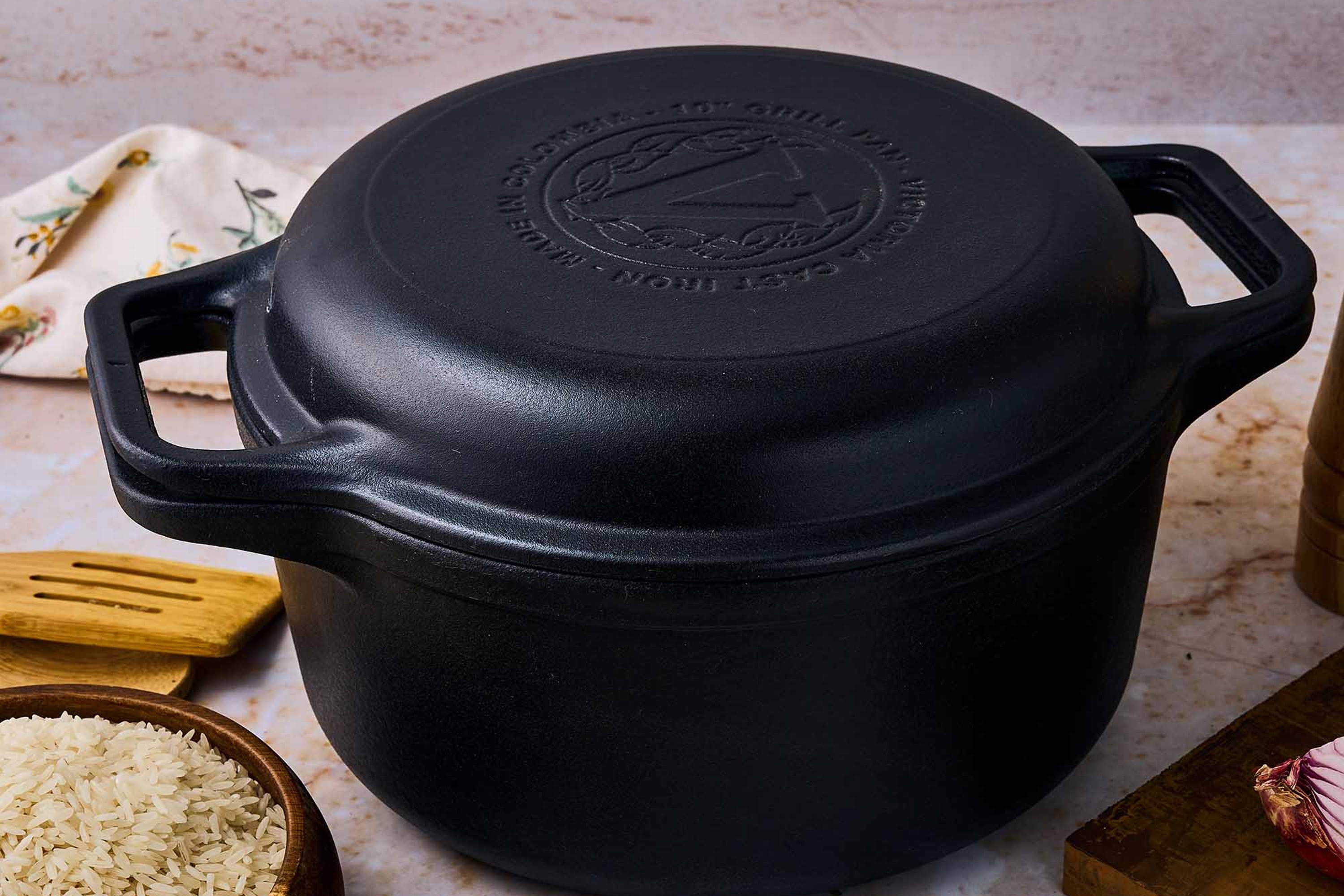 Gryde med grill-låg, uemaljeret støbejern