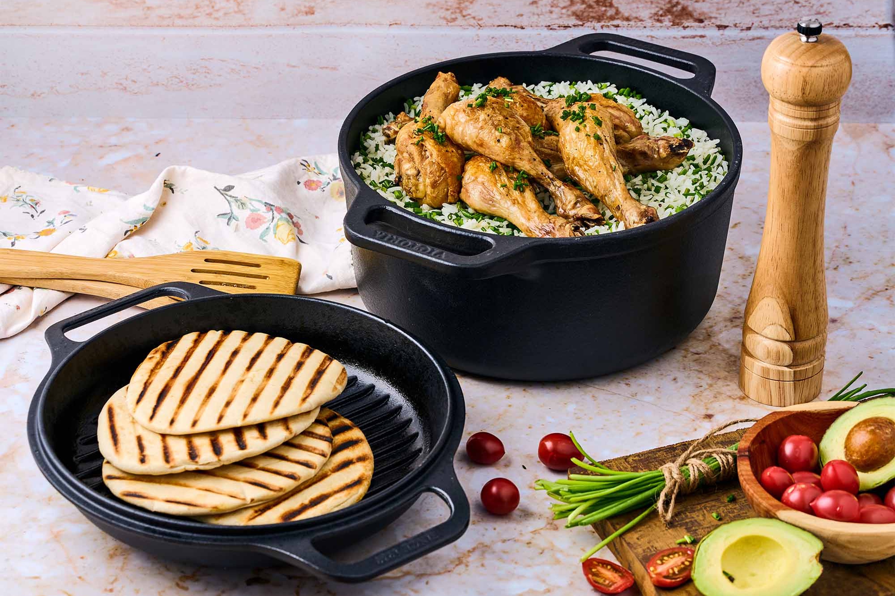 Gryde med grill-låg, uemaljeret støbejern